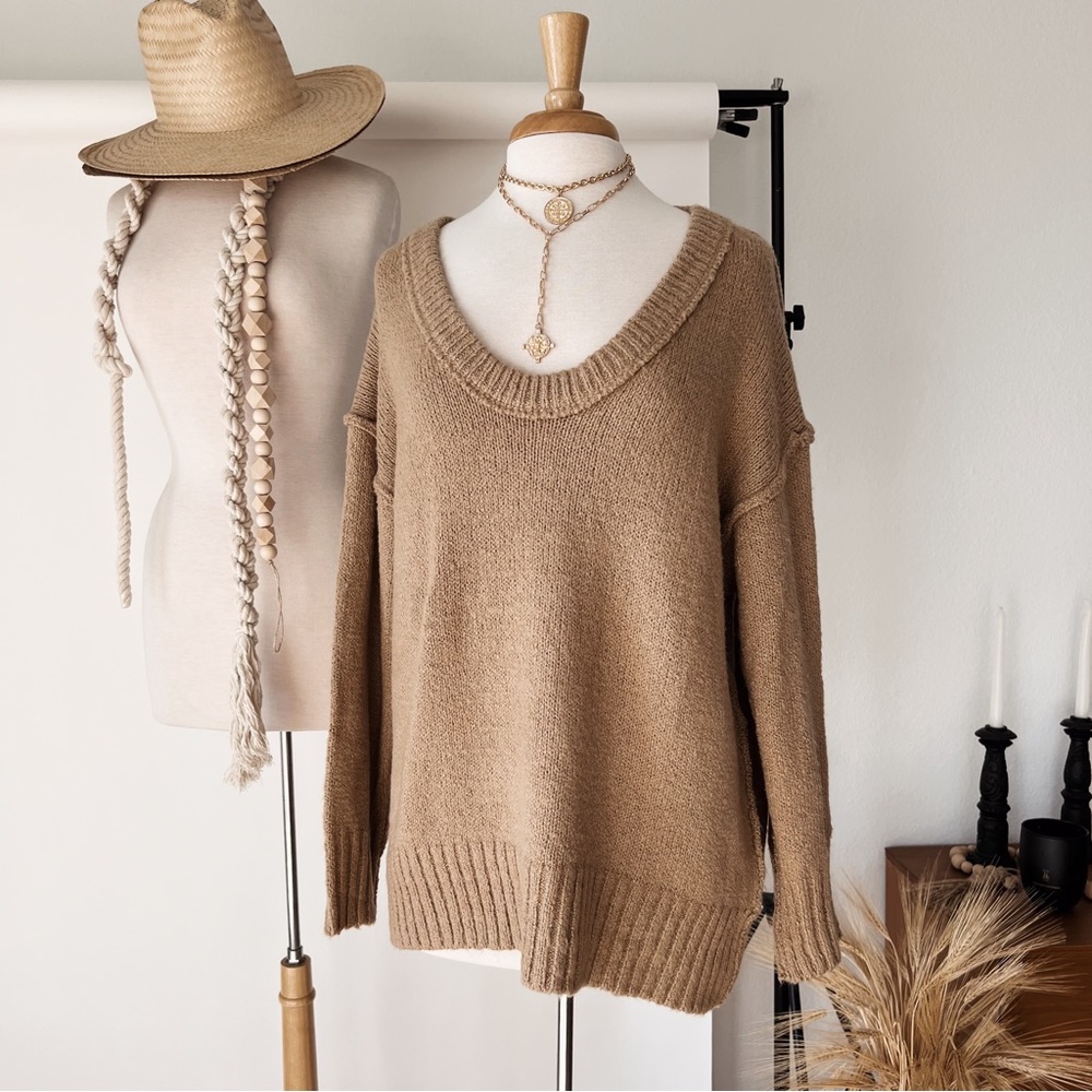 TAN LOW NECK PLUSH KNIT OVERSIZED SWEATER